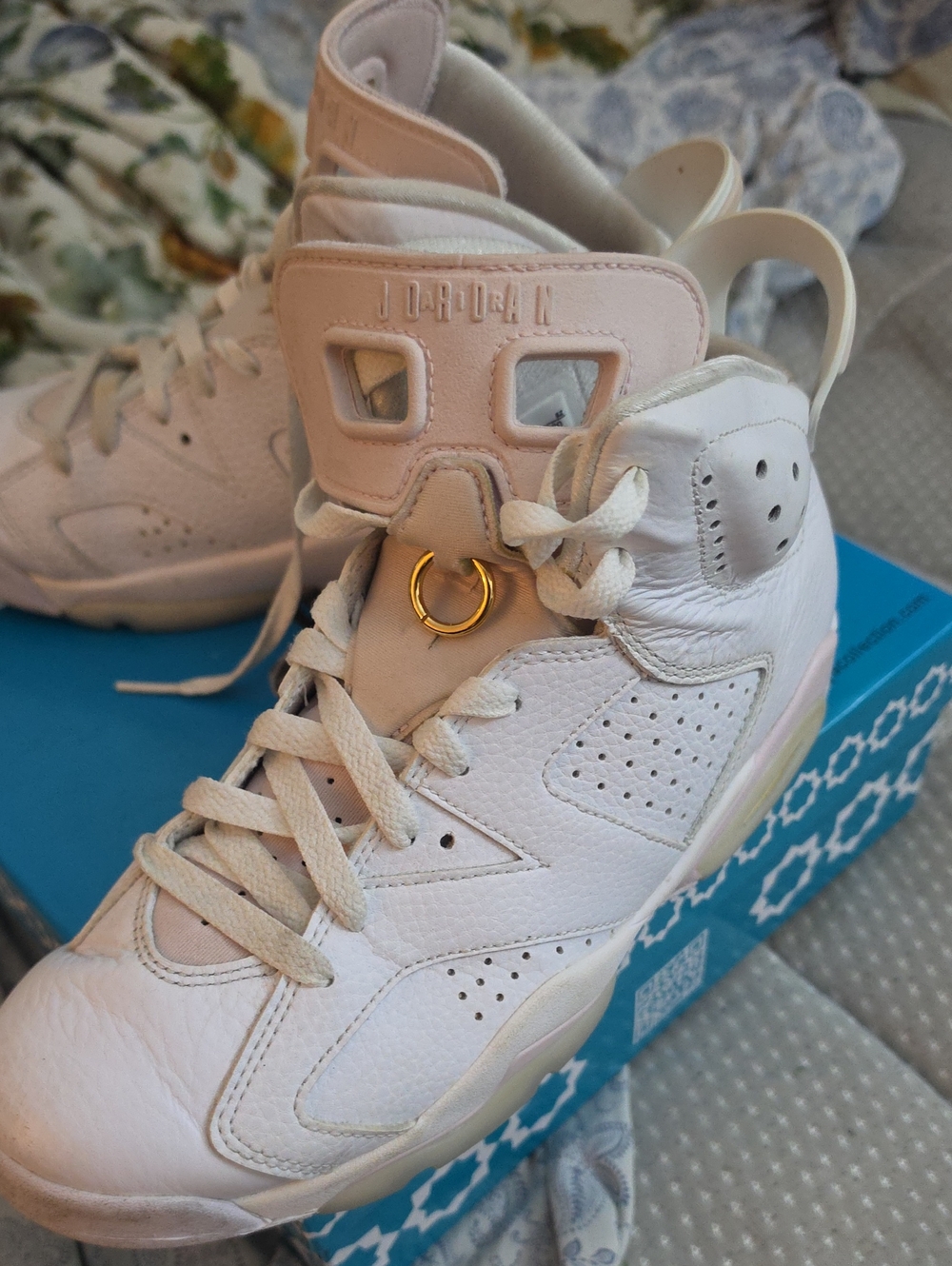 Jordan High-Top Sneakers in White with Pale Pink Accents